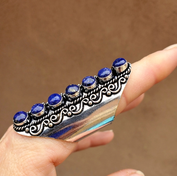 New 7 Stone Lapis Lazuli Adjustable Silver Statement Ring. - Picture 3 of 13